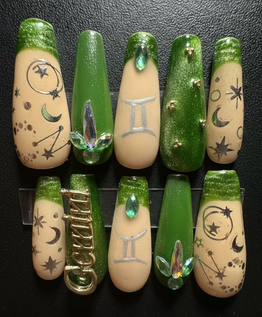 Gemini + Emerald | Zodiac Series | Press-On Nail Set