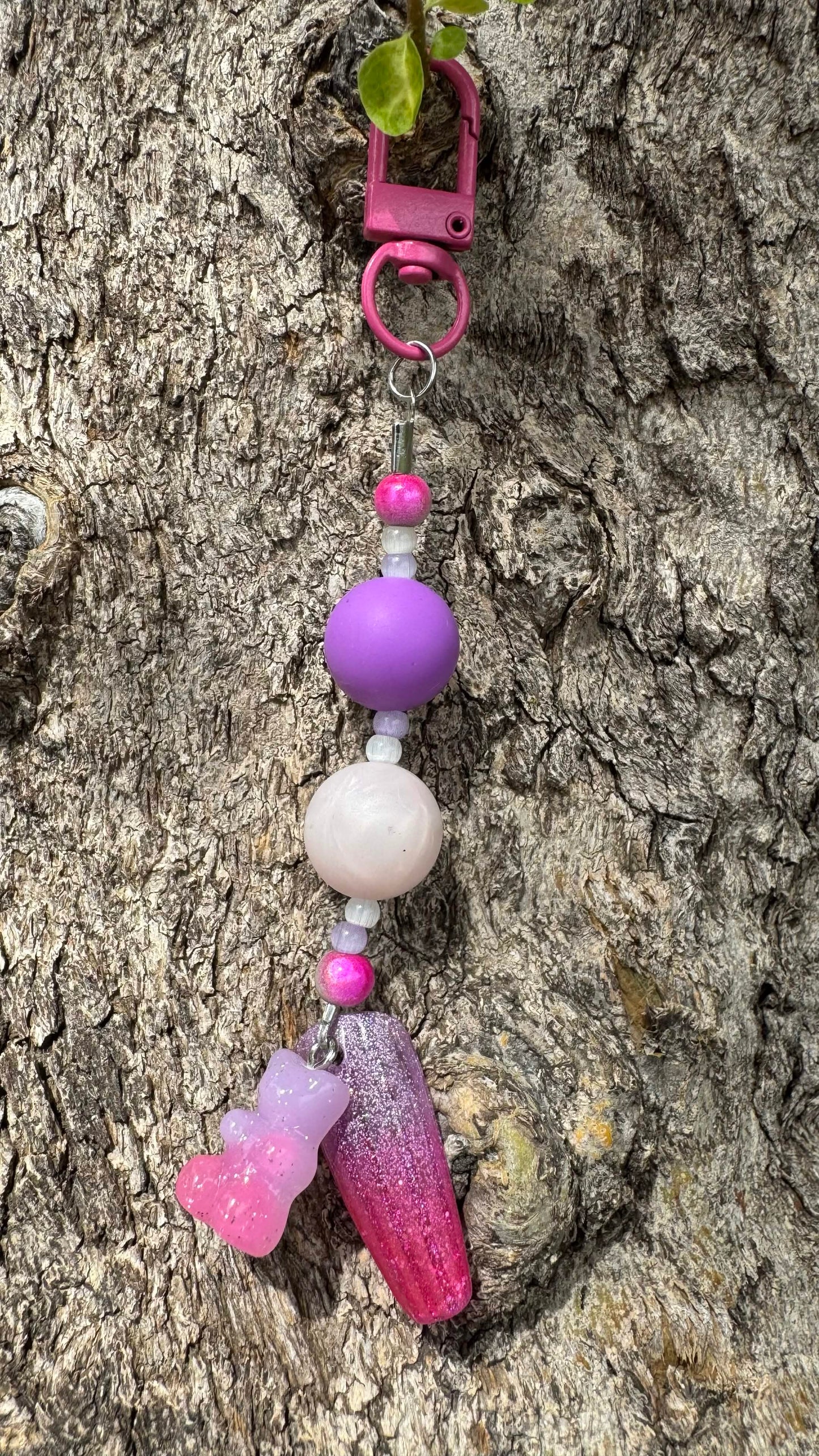 Pink Gummybear Nail Art Keychain - Purple and White Charm