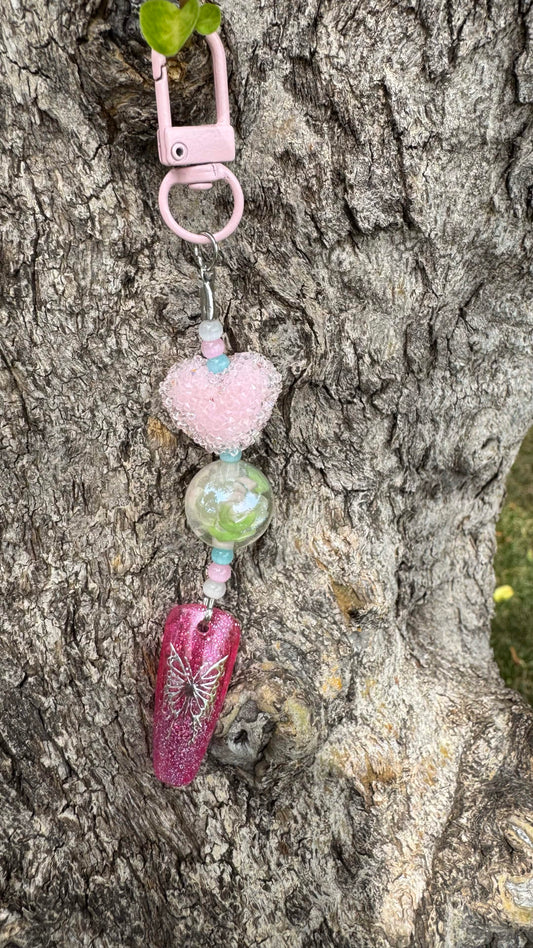 Pink and Silver Butterfly Nail Art Keychain - Pink
