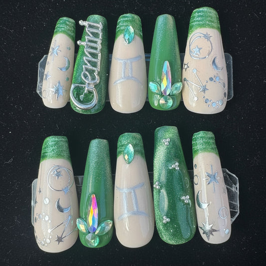 Gemini + Emerald | Zodiac Series | Press-On Nail Set