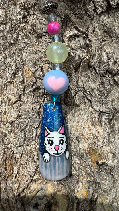 Cute Cat Nail Art Keychain - Blue