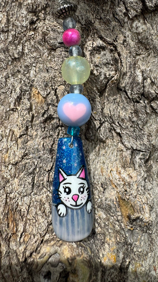 Cute Cat Nail Art Keychain - Blue