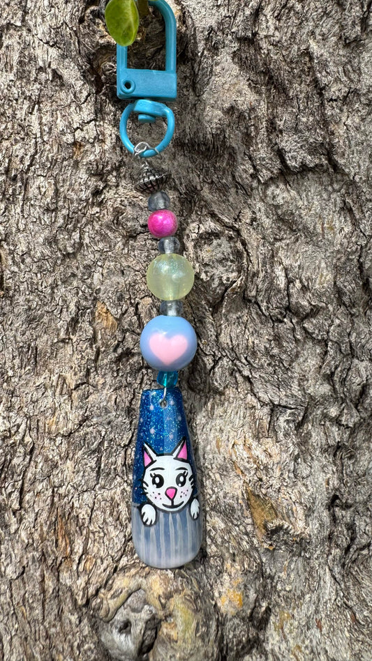 Cute Cat Nail Art Keychain - Blue