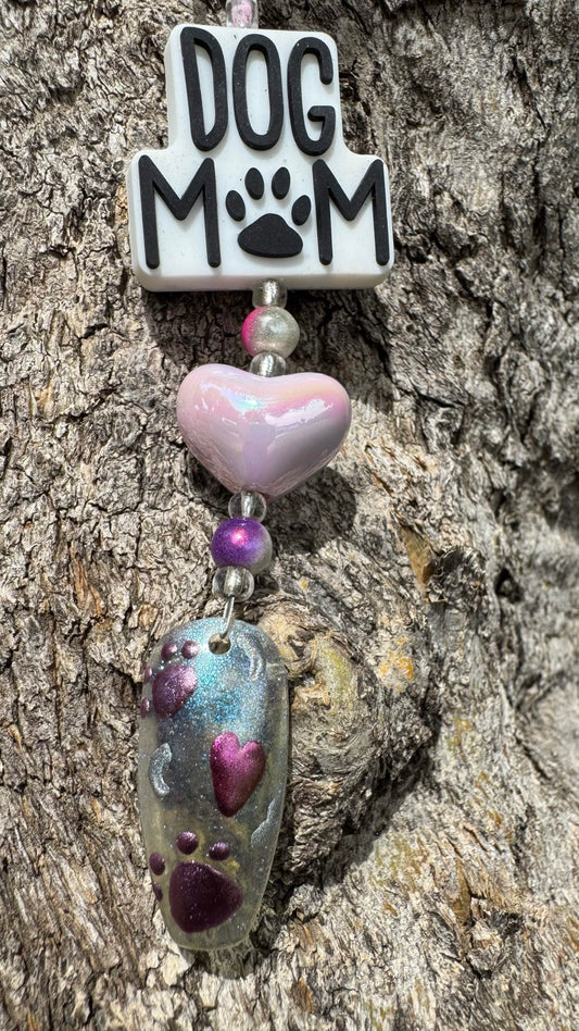 Dog Mom Nail Art Keychain - Teal/Purple with Heart charm
