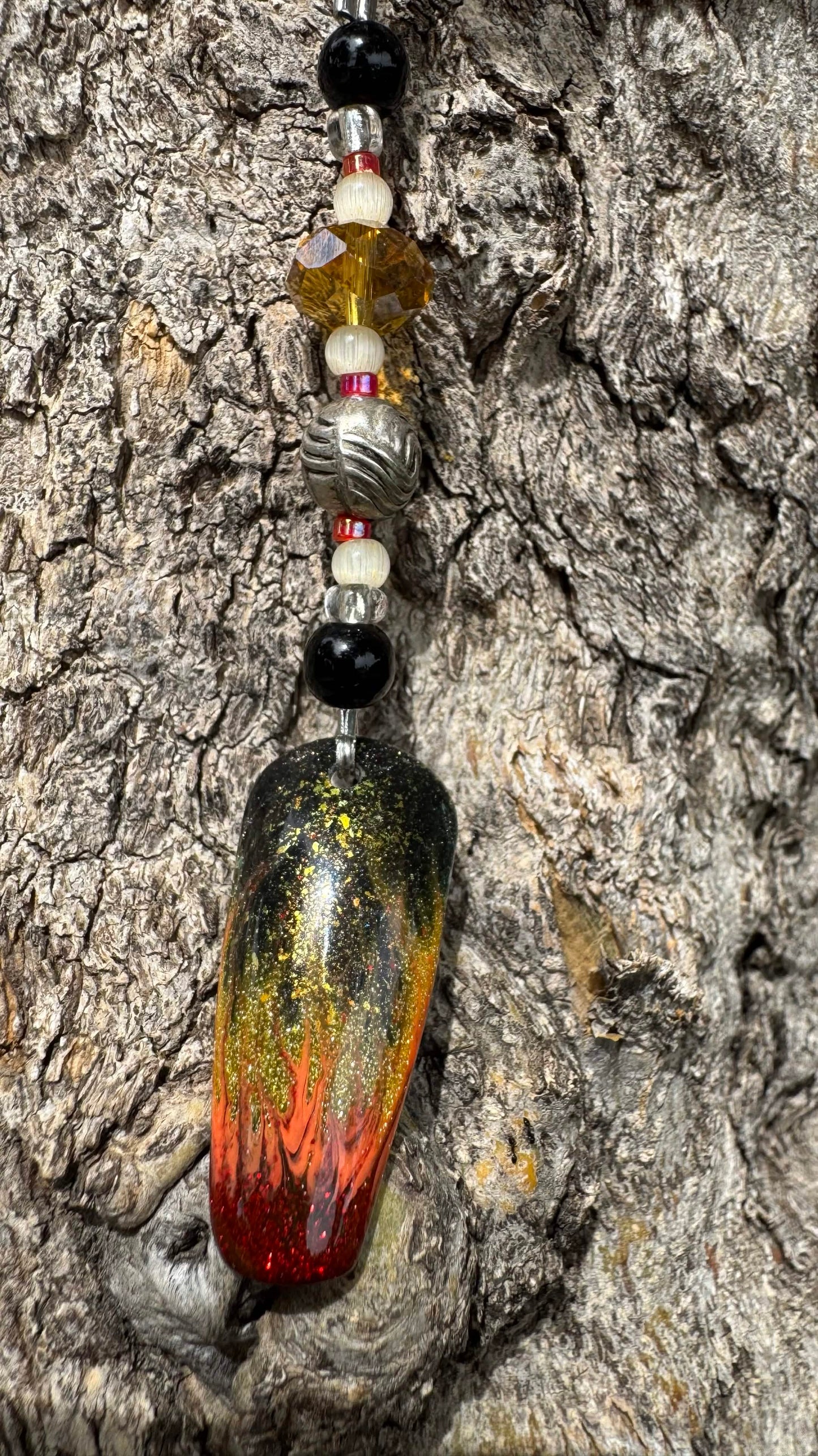 Flames Nail Art Keychain - Black Background & silver beads