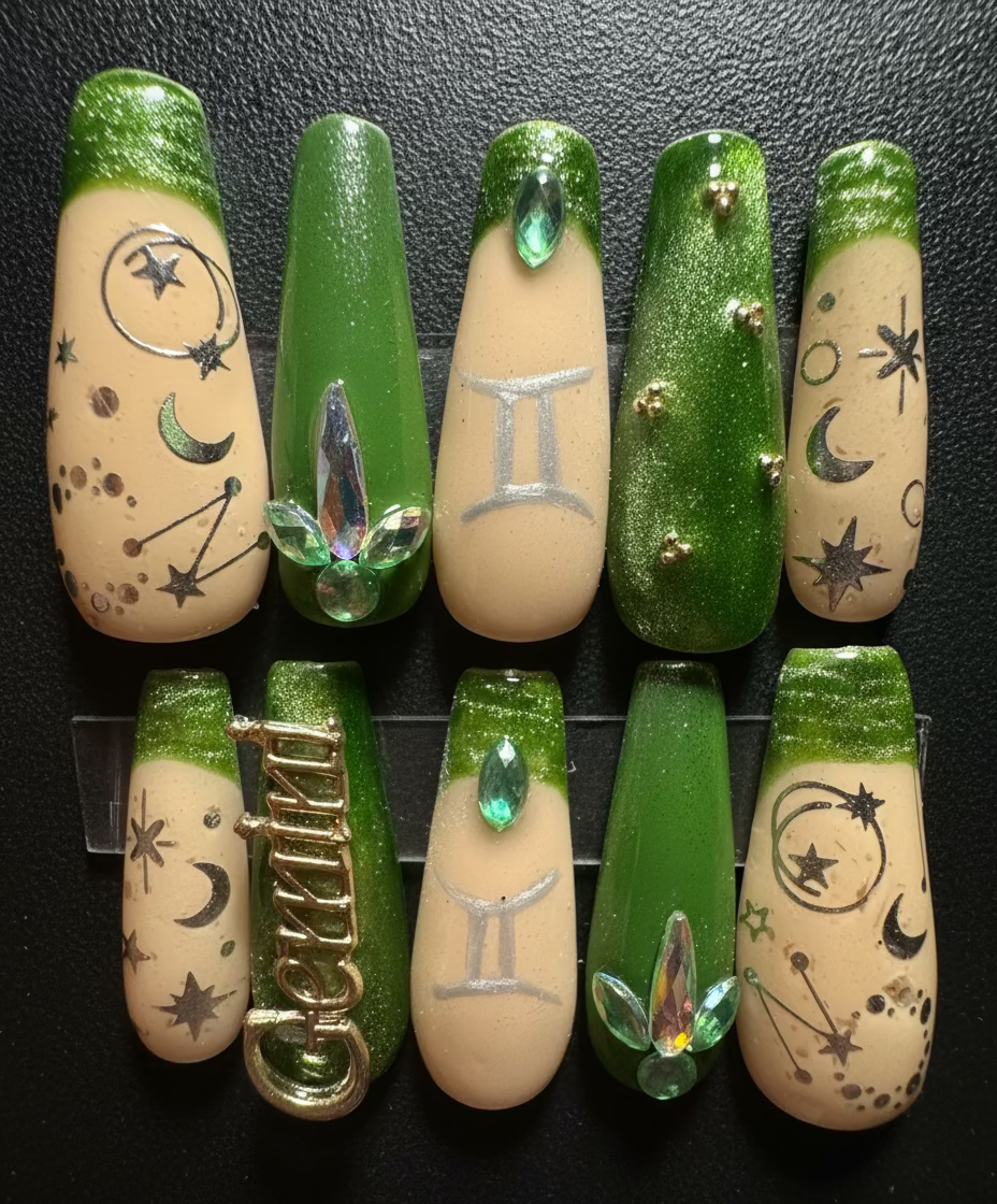 Gemini + Emerald | Zodiac Series | Press-On Nail Set