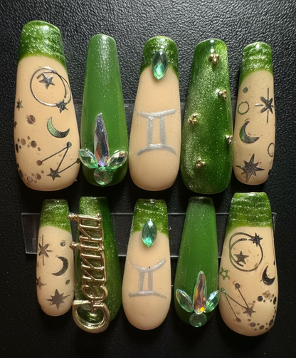 Gemini + Emerald | Zodiac Series | Press-On Nail Set