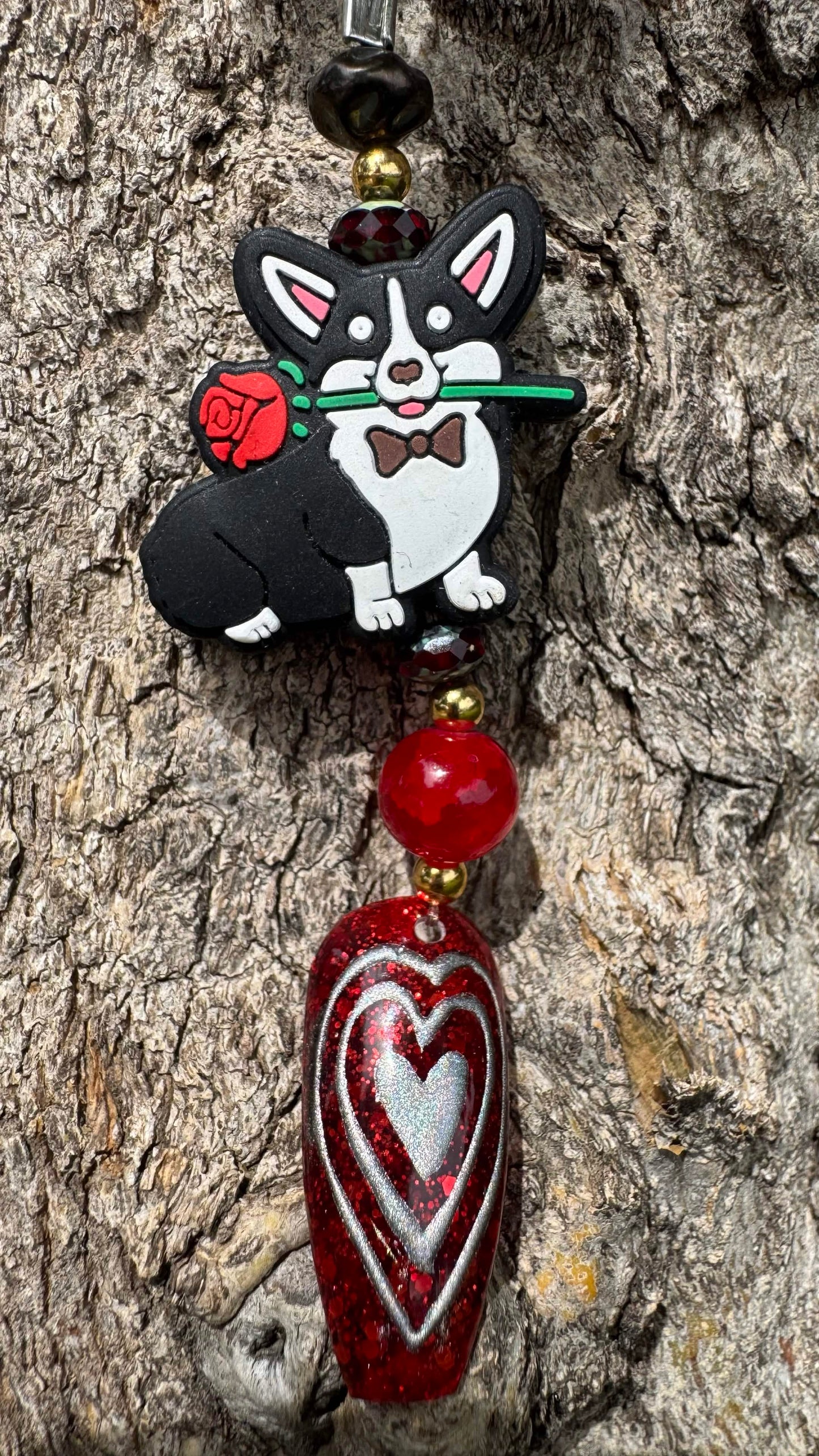 Corgi w red heart Nail Art Keychain - Red
