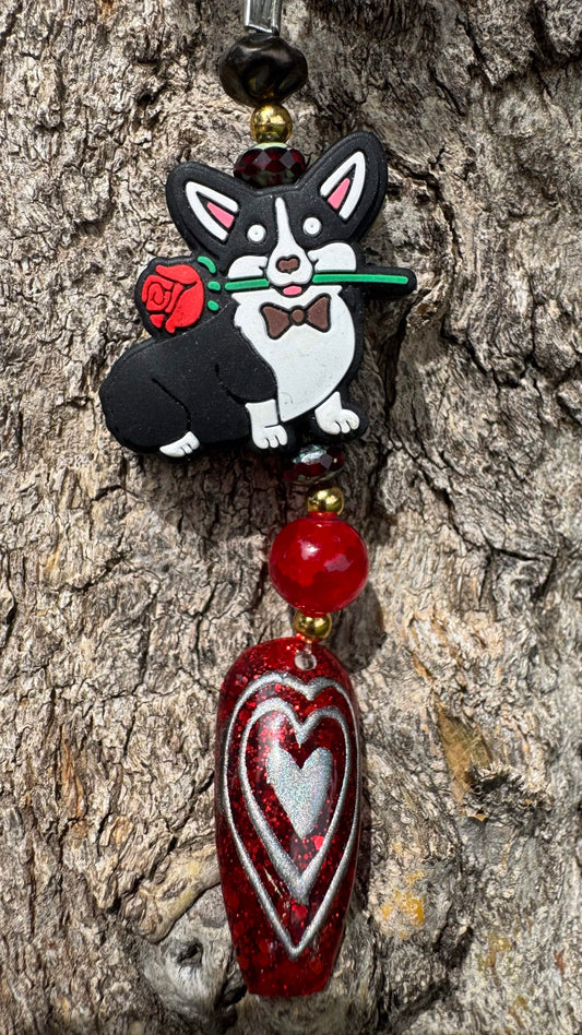 Corgi w red heart Nail Art Keychain - Red