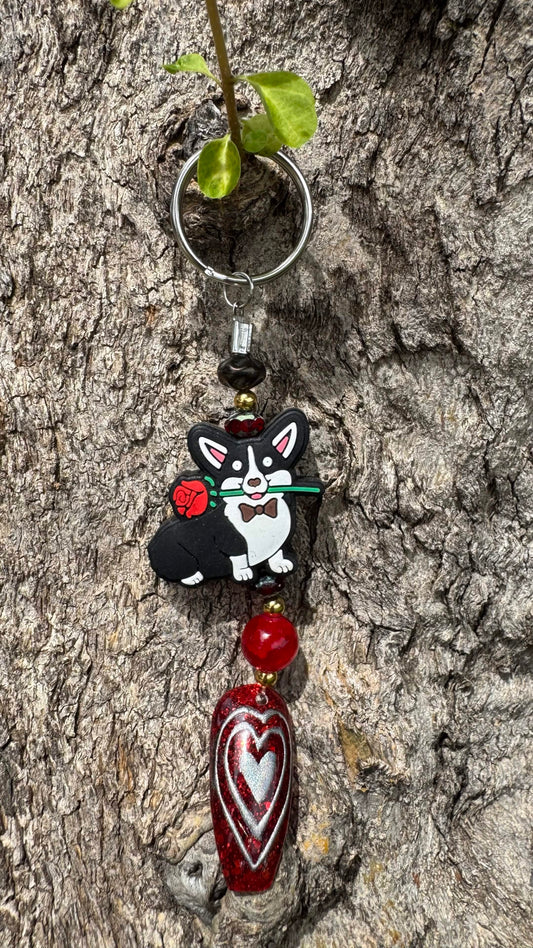 Corgi w red heart Nail Art Keychain - Red