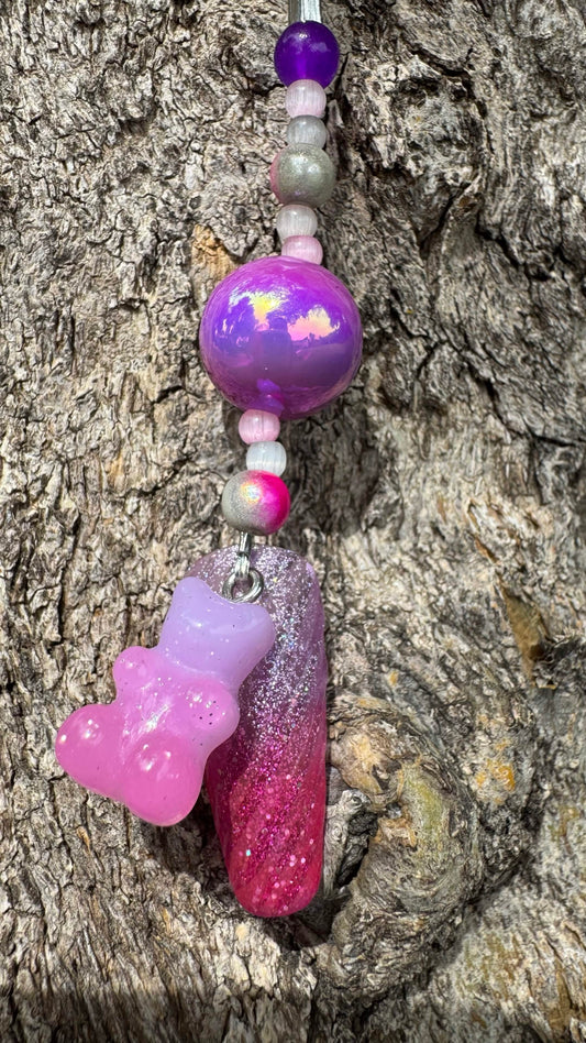 Pink Gummybear Nail Art Keychain - Purple Charm