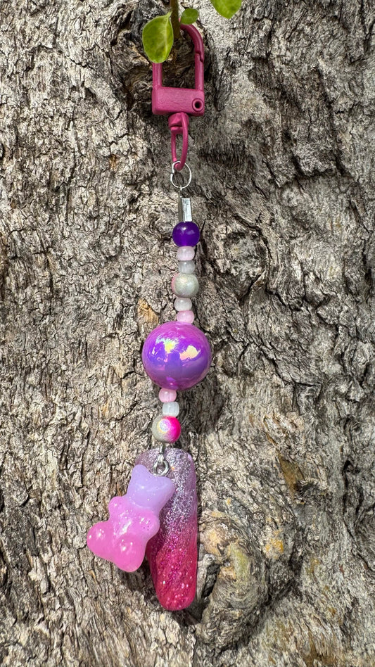 Pink Gummybear Nail Art Keychain - Purple Charm