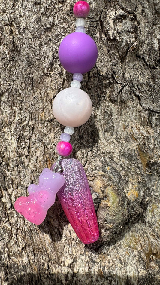 Pink Gummybear Nail Art Keychain - Purple and White Charm