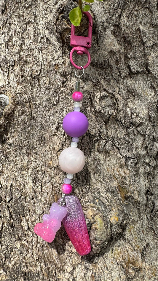 Pink Gummybear Nail Art Keychain - Purple and White Charm
