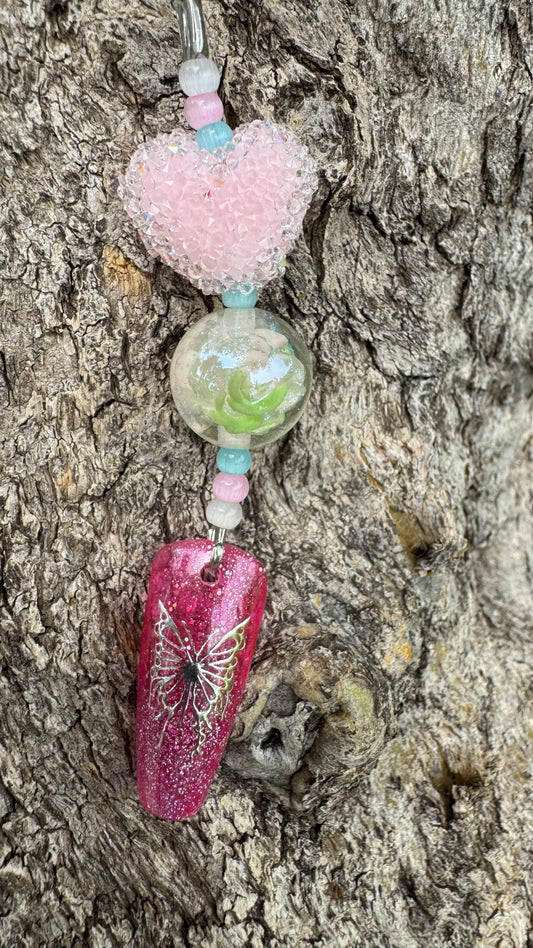 Pink and Silver Butterfly Nail Art Keychain - Pink