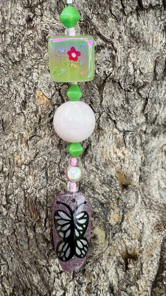 Butterfly Nail Art Keychain - Purple Background and flower cube charm
