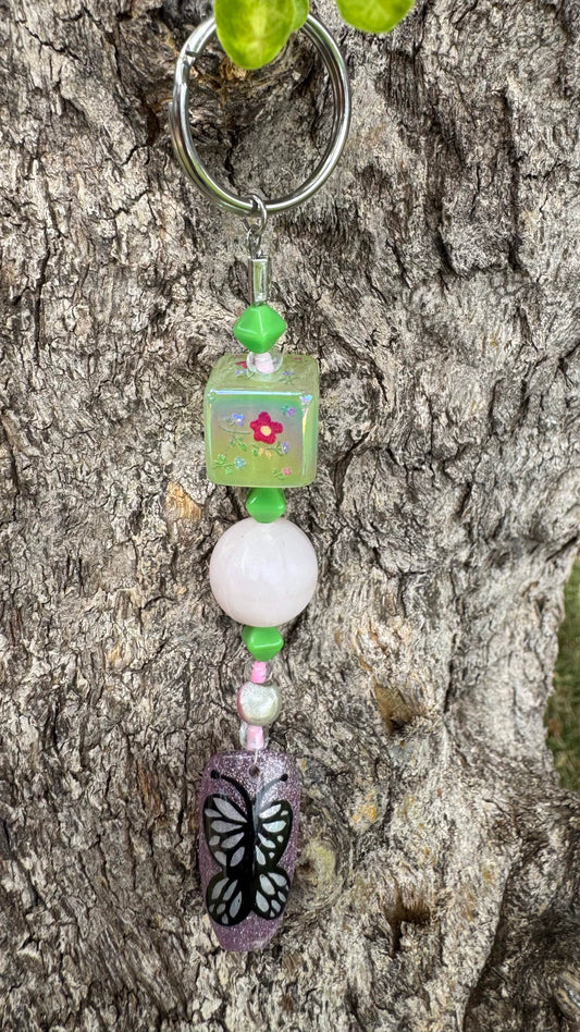 Butterfly Nail Art Keychain - Purple Background and flower cube charm